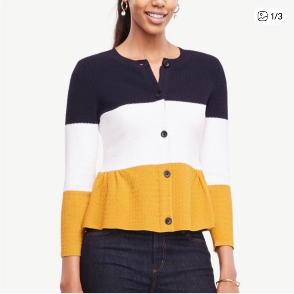 Ann Taylor Striped Cardigan - Navy, White, Mustard